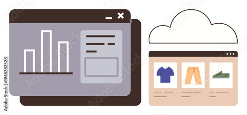 Data analytics, e-commerce, cloud storage, web interface, retail trends, business tools. Two web windows showing charts and an online store. Data analytics and e-commerce interface concept