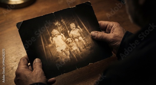 Hands holding a blank black photograph that slowly reveals a childhood memory through glowing golden light, symbolizing healing dissociative amnesia.