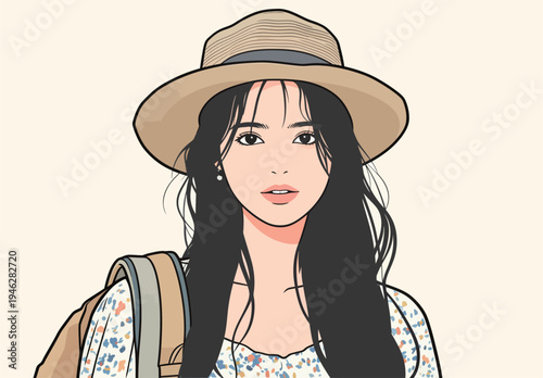 A woman stands with a backpack and a hat while smiling at the camera. She has long hair and a casual outfit.