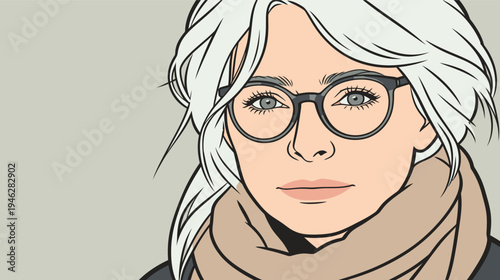 A woman with light hair and glasses gazes directly at the camera. She wears a scarf and has a neutral background that adds focus.