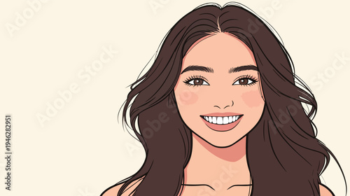 A young woman smiles widely while looking directly at the viewer. Her long hair flows down naturally.