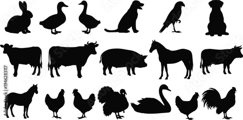 Large Farm Animal Silhouette Vector Set Featuring Cow Horse Pig Sheep Turkey Chicken Duck Rabbit Swan and Dog for Rural Designs