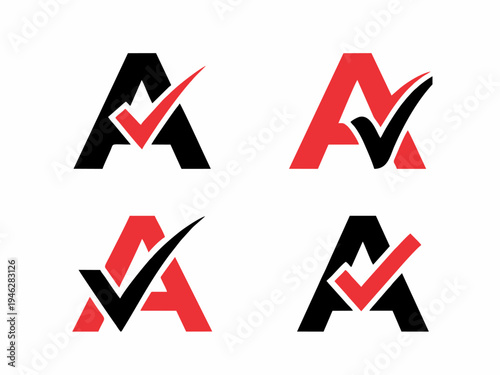 Modern Letter A Logo Design with Checkmark Symbol in Red and Black Colors for Business Excellence and Success Verification