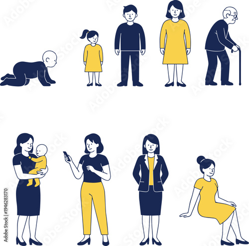 Vector illustration set of people in different life stages from baby to elderly for aging and family growth concepts