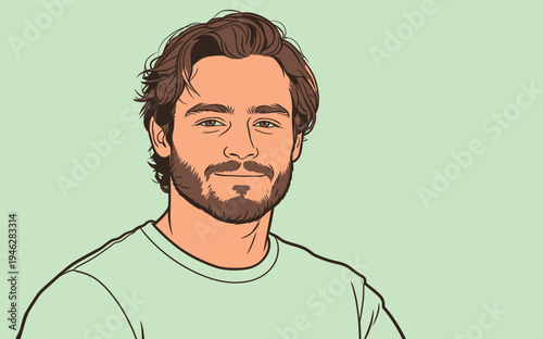 A man stands facing the viewer with a smile. He has brown hair and a beard, and he wears a light colored shirt. The background is simple.