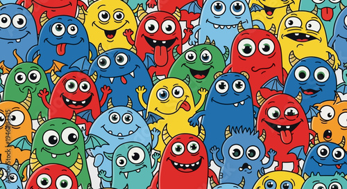 A colorful pattern of cartoon monsters with various eyes and smiles.