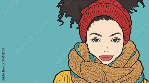 A woman poses with a red hat and a thick knitted scarf against a blue backdrop. She looks directly at the viewer.