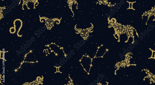 A pattern of gold zodiac symbols and animals on a dark background