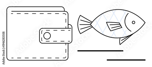 Financial waste, money issues, overspending, budgeting, loss of savings, economic challenges. Minimalist line art of a wallet and fish. Financial waste and overspending concept
