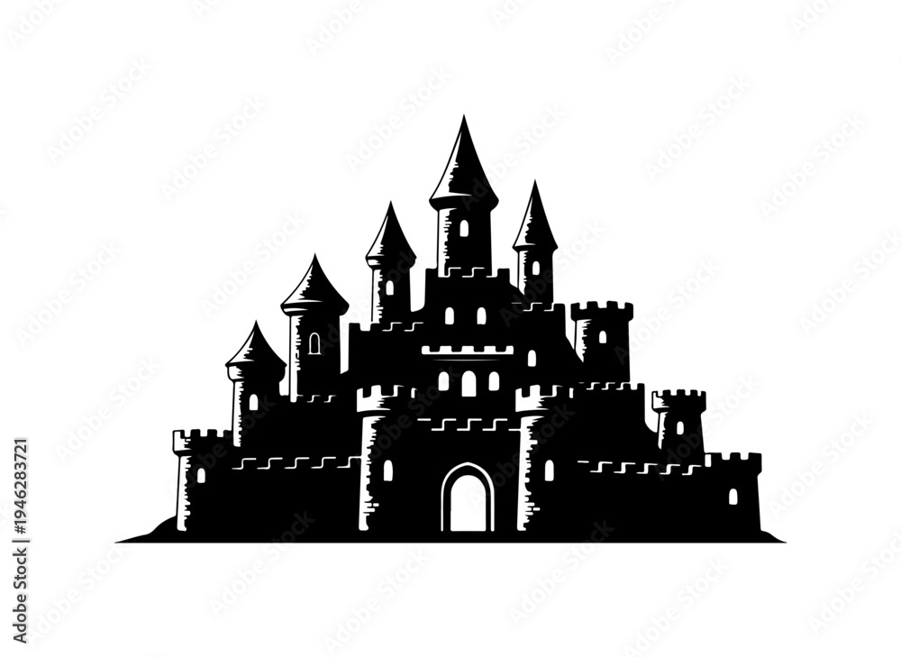 Obraz premium Medieval castle silhouette with towers and battlements