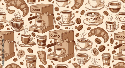 A seamless pattern of coffee machines and baked goods on a table