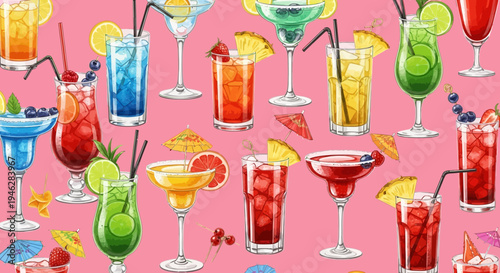Colorful drinks with straws and umbrellas show a repeating pattern on pink