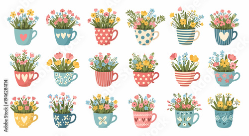 A vibrant collection of hand-drawn floral arrangements showcased in charming, patterned teacups, evoking a sense of spring and cheerful home decor
