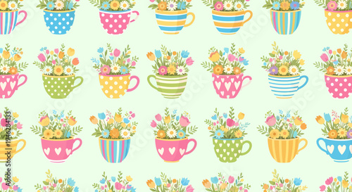 Vibrant spring floral pattern with cute polka dot and striped teacups filled with charming bouquets, perfect for whimsical textile designs and cheerful backgrounds