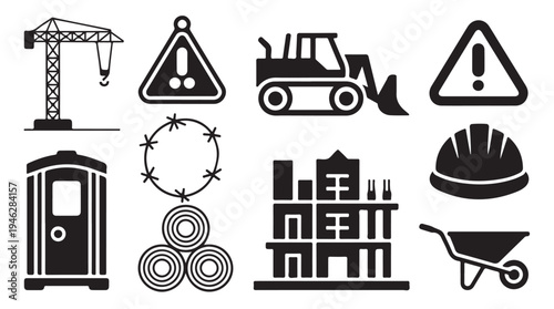 Industrial construction site equipment icons including crane bulldozer wheelbarrow and helmet