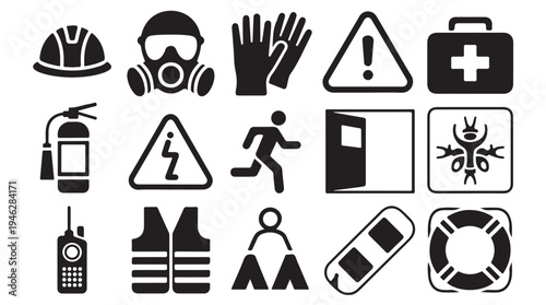 Occupational safety and health equipment icons featuring gas mask fire extinguisher and vest