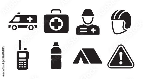 Medical emergency and disaster preparedness icons with ambulance worker and rescue equipment
