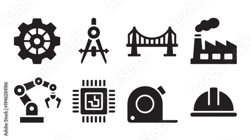 Industrial engineering flat vector icon set with cogwheel, compass, bridge, factory