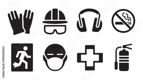 Gloves, hard hat, goggles, headphones, no smoking, exit, mask, and fire extinguisher icon set