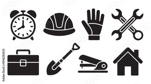 Alarm clock, hard hat, gloves, wrenches, toolbox, shovel, stapler, and house icon set