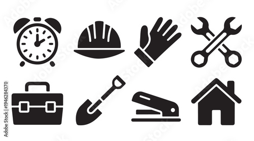 Alarm clock, hard hat, gloves, wrenches, toolbox, shovel, stapler, and house icon set