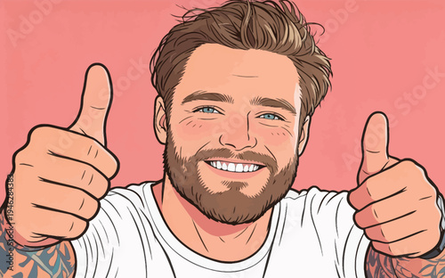 A man with a beard smiles and shows thumbs up with both hands in front of a pink background. He looks happy and relaxed while posing.