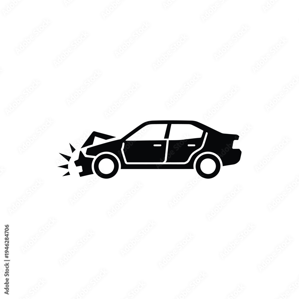 Fototapeta premium A black car with a crumpled hood and a burst of energy explodes from the front