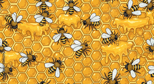 Bees fly around honeycomb pattern with honey in a natural setting.