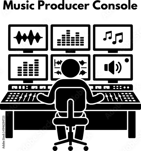 Music Producer Working on Mixing Console and Audio Workstation Vector Icon