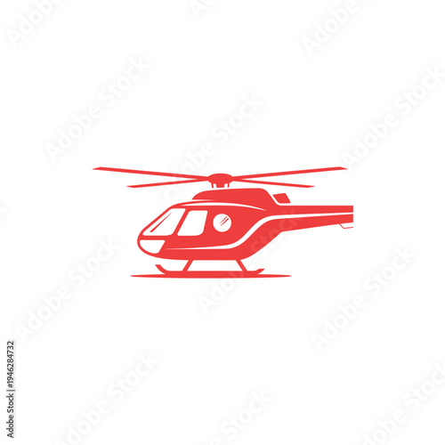 A red helicopter with a white background and a rotor on top is flying