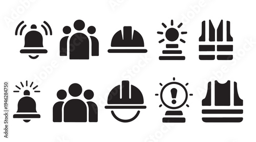 Safety and construction icons including hard hat vest and alarm bell