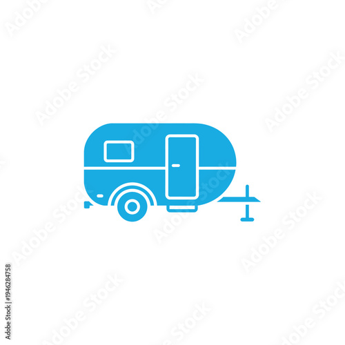 A blue camper trailer with a single wheel and door on a white background