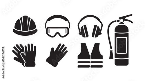 Safety and construction icons including hard hat vest and alarm bell