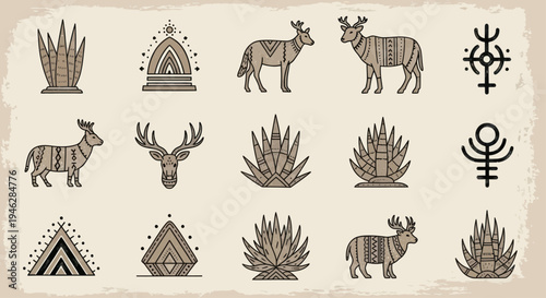 Tribal Style Illustrations of Deer Plants and Symbols.