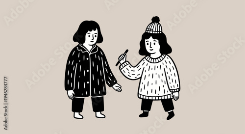 Two children in winter clothing interacting with each other.