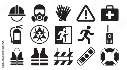 Emergency response and workspace safety icons featuring biohazard gas mask and exit symbols