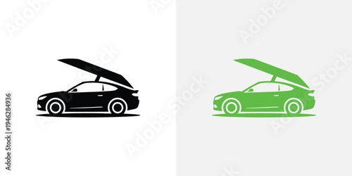Black and green car silhouettes with hoods open vehicle