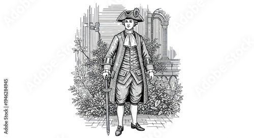 Vintage Engraving of a Man in 18th Century Attire with a Cane.