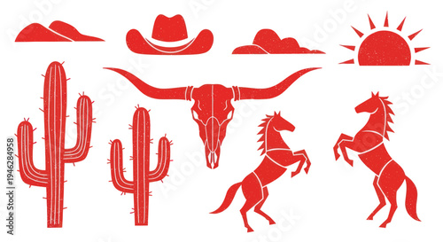 Western Cowboy Elements Collection with Horses and Cactus.