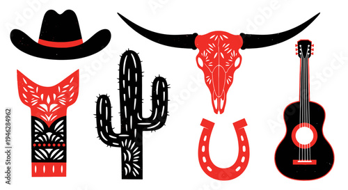 Western Cowboy Elements Collection with Skull Cactus Guitar and Horseshoe.