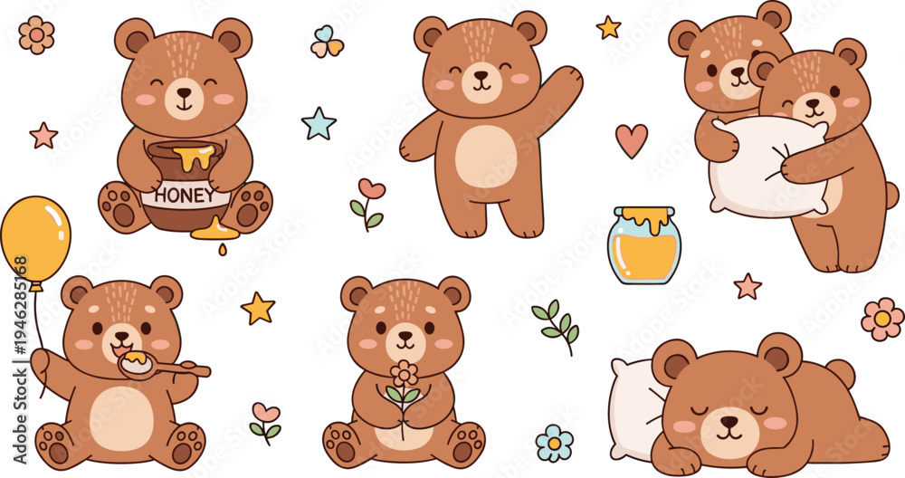 Obraz premium Cute Cartoon Bear Character Set with Honey Jar, Balloon, Flowers and Hugging Bears in Adorable Woodland Animal Style for Kids Nursery Designs.