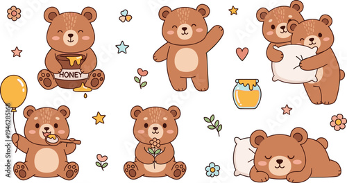 Cute Cartoon Bear Character Set with Honey Jar, Balloon, Flowers and Hugging Bears in Adorable Woodland Animal Style for Kids Nursery Designs.