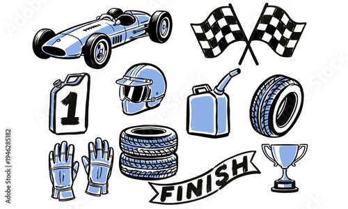 Classic racing speed collection. Retro circuit graphic print. Extreme motorsport club design. Vintage car racing elements for posters and apparel.