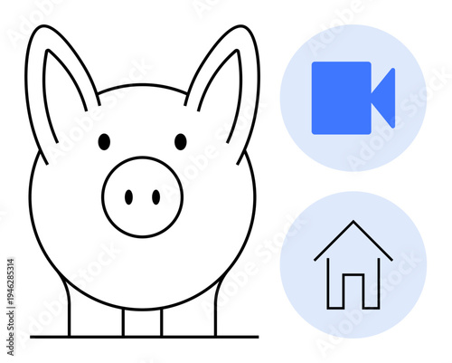 Financial planning, digital communication, real estate, online tools, technology, concepts. A piggy bank alongside video and house icons. Financial planning and digital communication