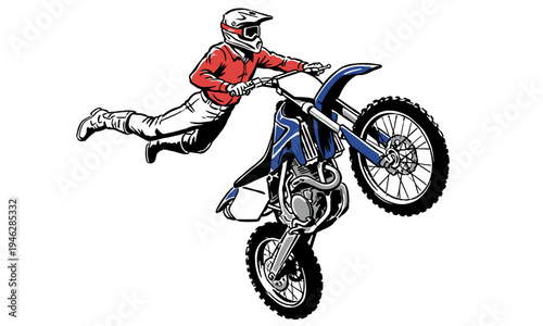Airborne thrill. Extreme dirt bike stunt graphic. Off-road racing culture. Freestyle moto poster design, vector illustration for apparel.