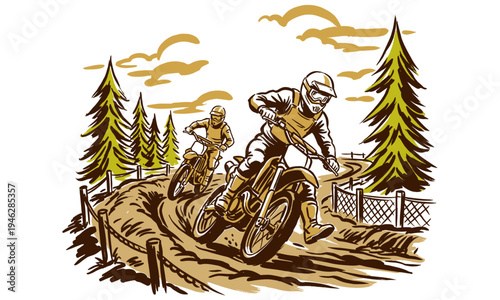 Ride the wild trails. Off-road racing graphic print. Extreme dirt bike adventure for t-shirt, poster, and outdoor club apparel.