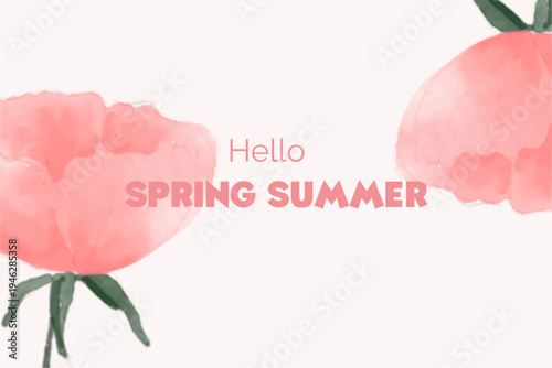 Spring floral in watercolor vector background. Luxury wallpaper design with pink flowers, line art, golden texture.
