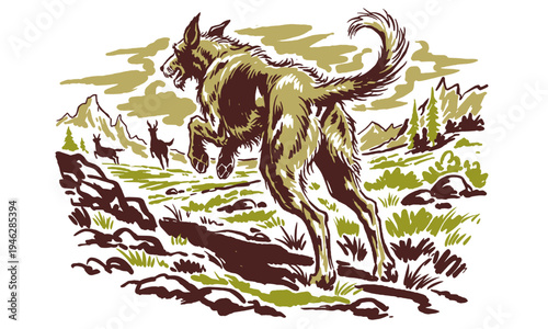 Wild mountain hunt. Adventure spirit. Hunting dog print design for t-shirt, poster, sticker. Alpine wilderness exploration, outdoor nature graphic.