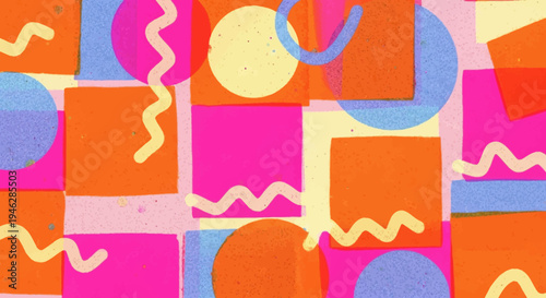 Vibrant geometric pattern illustration showcases colorful shapes and swirling lines in a lively composition.