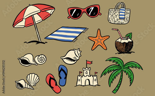Beach club. Endless summer artwork. Tropical vintage design. Vacation mood sticker set for poster, print, and summer apparel.